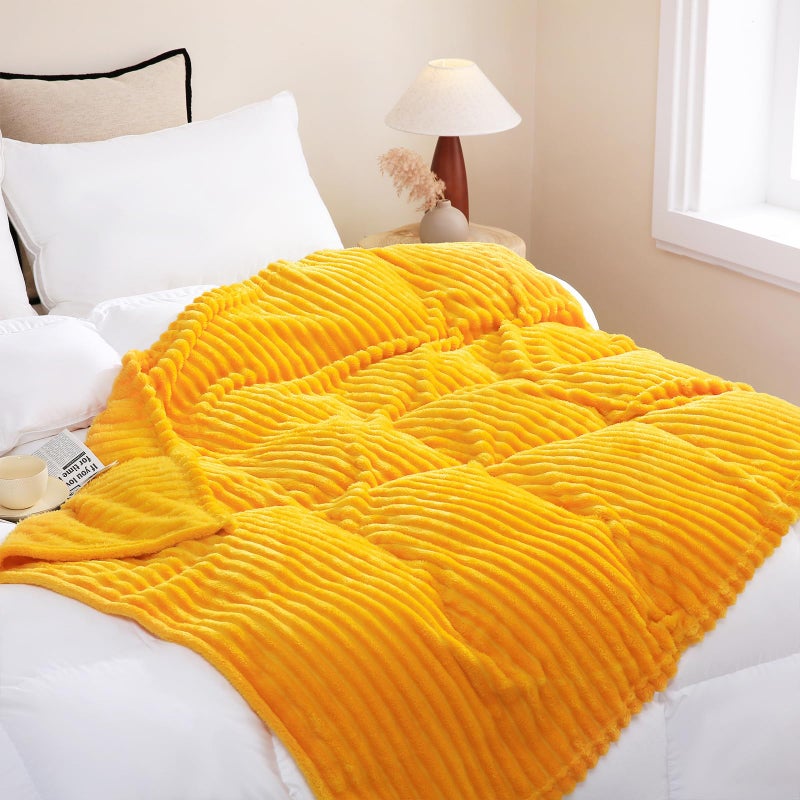 Linecooo Yellow Fleece Throw Blanket 50  60  for Couch Sofa Bed Super Soft Cozy Plush Microfiber Flannel Blanket with 3D Stripes Lightweight for Adults Woman Girls Gold - Image 3